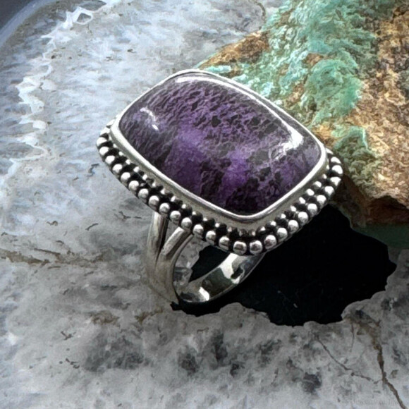 Sterling Southwestern Style Purpurite Decorated Bar Ring Size 8 For Women - Picture 3 of 10